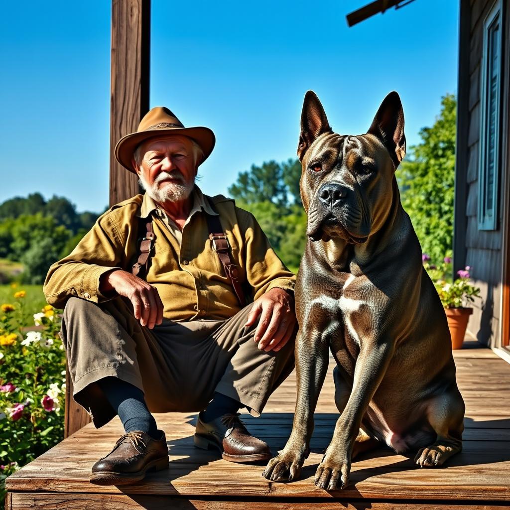 An older man with a wise expression, dressed in a rustic, vintage outfit, sits comfortably on a wooden porch