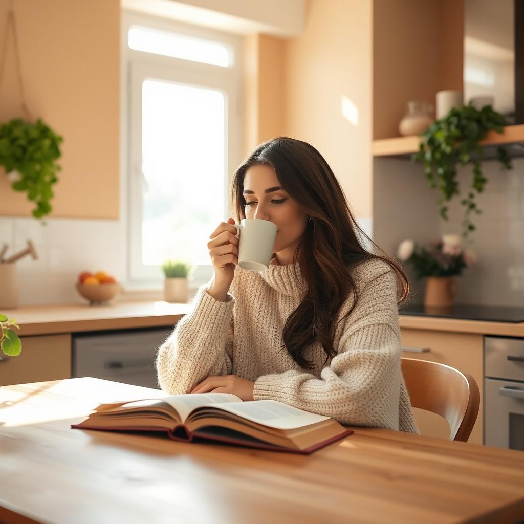 A serene and peaceful scene depicting a cozy morning routine, featuring a woman sipping coffee in a sunlit kitchen, with sunlight streaming through the window, warm beige walls, and green plants adorning the countertops