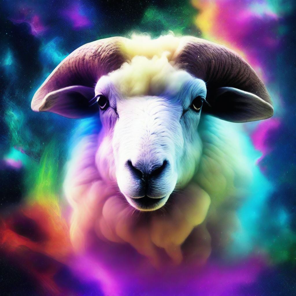 A striking digital art image of a sheep intricately formed from a vibrant nebula