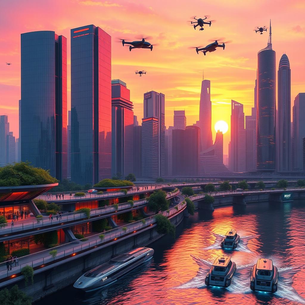 A futuristically styled city skyline at sunset, featuring towering skyscrapers made of glass and steel reflecting vibrant hues of pink, orange, and purple