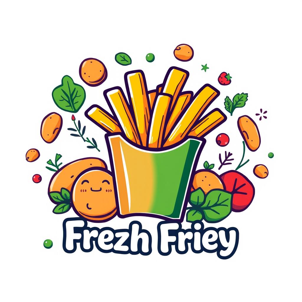 A colorful logo design featuring a golden, crispy french fry at the center, surrounded by fresh ingredients like potatoes, herbs, and spices