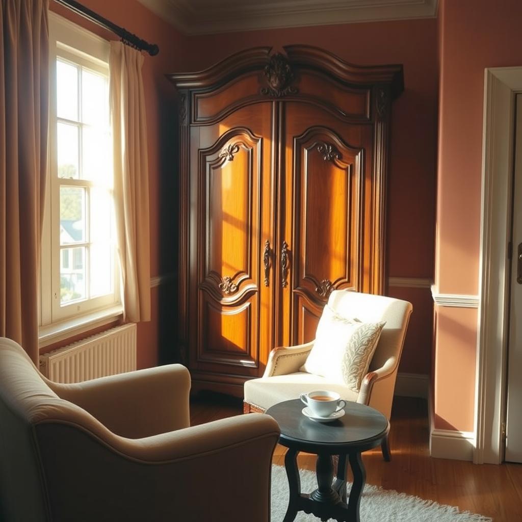 A cozy room with warm colors and soft lighting, featuring a wooden wardrobe in the back that is slightly open