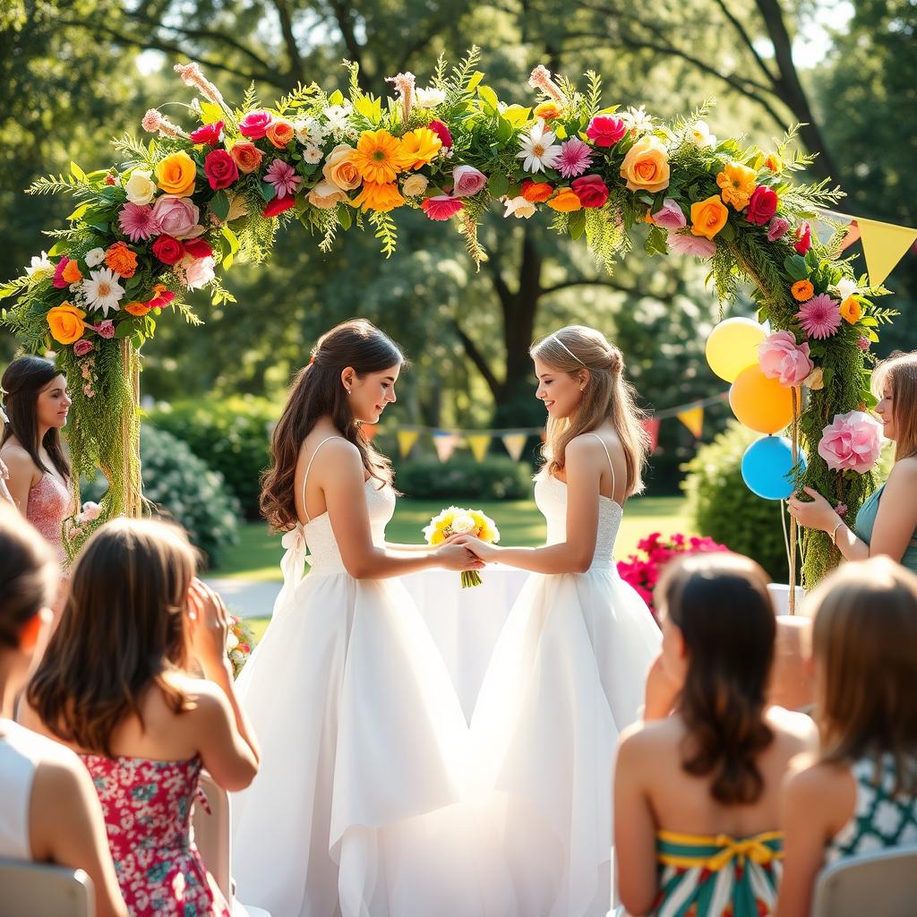 A beautiful and vibrant scene of a teenage lesbian wedding taking place in a picturesque garden