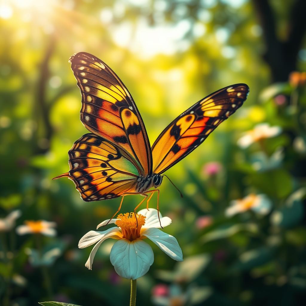 A stunning, realistic close-up of a vibrant butterfly resting on a delicate flower in a lush natural environment