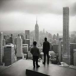 A man standing on the rooftop of a high-rise building, gazing towards the horizon filled with an expanse of towering structures.