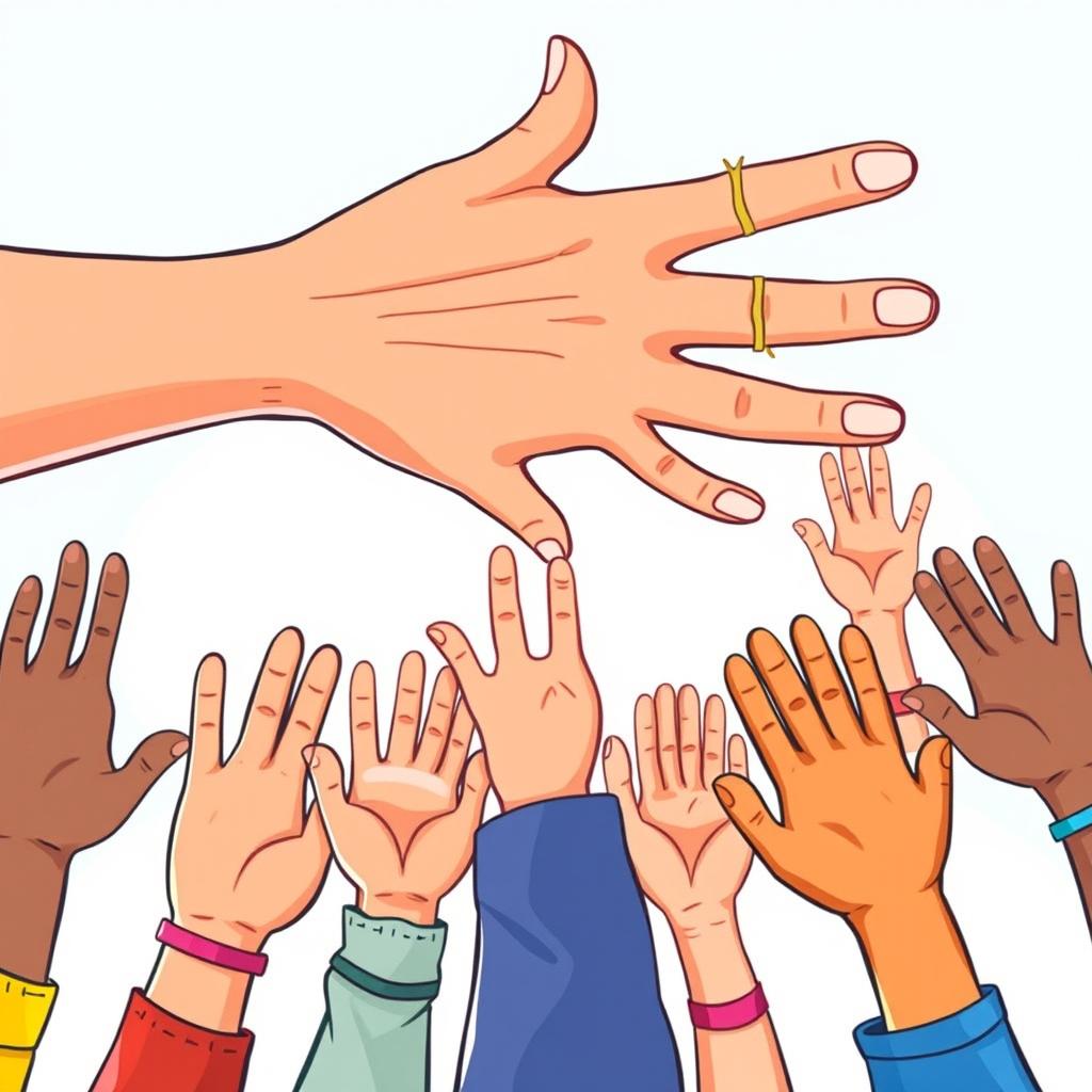 A dynamic and colorful illustration depicting a group of 10 children's hands of varying sizes and skin tones, enthusiastically reaching out towards a single large adult hand