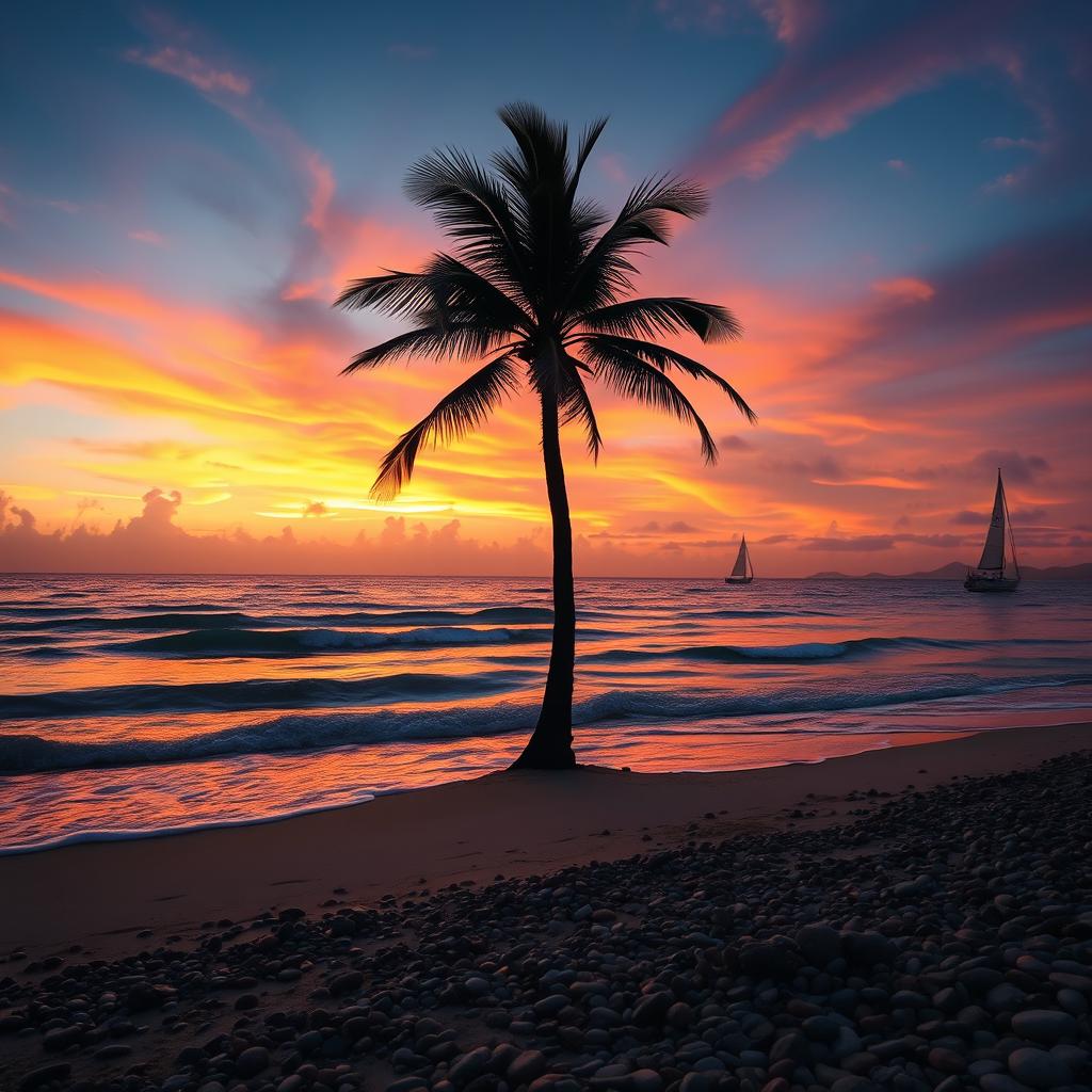 A breathtaking sunset over a serene beach, where the waves gently lap at the shore under a sky filled with vibrant hues of orange, pink, and purple