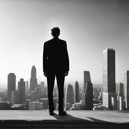 A man standing on the rooftop of a high-rise building, gazing towards the horizon filled with an expanse of towering structures.