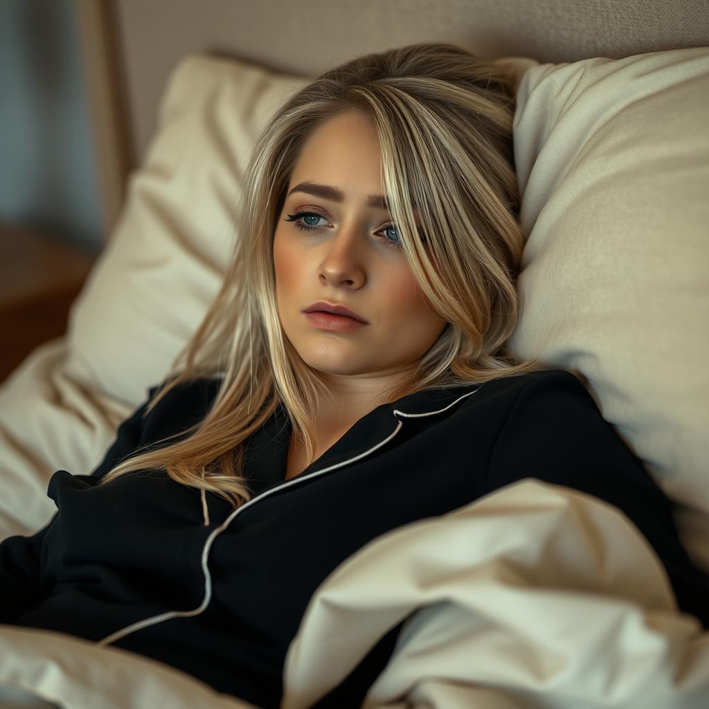A 25-year-old woman with dyed blonde hair, lying in bed wearing a black pajama set
