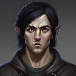 This image is a detailed digital art piece, featuring a young half-elf rogue of average height