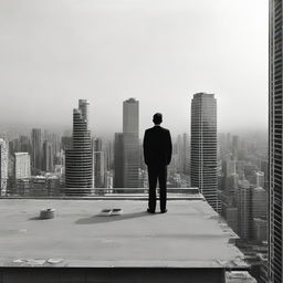 A man standing on the rooftop of a high-rise building, gazing towards the horizon filled with an expanse of towering structures.