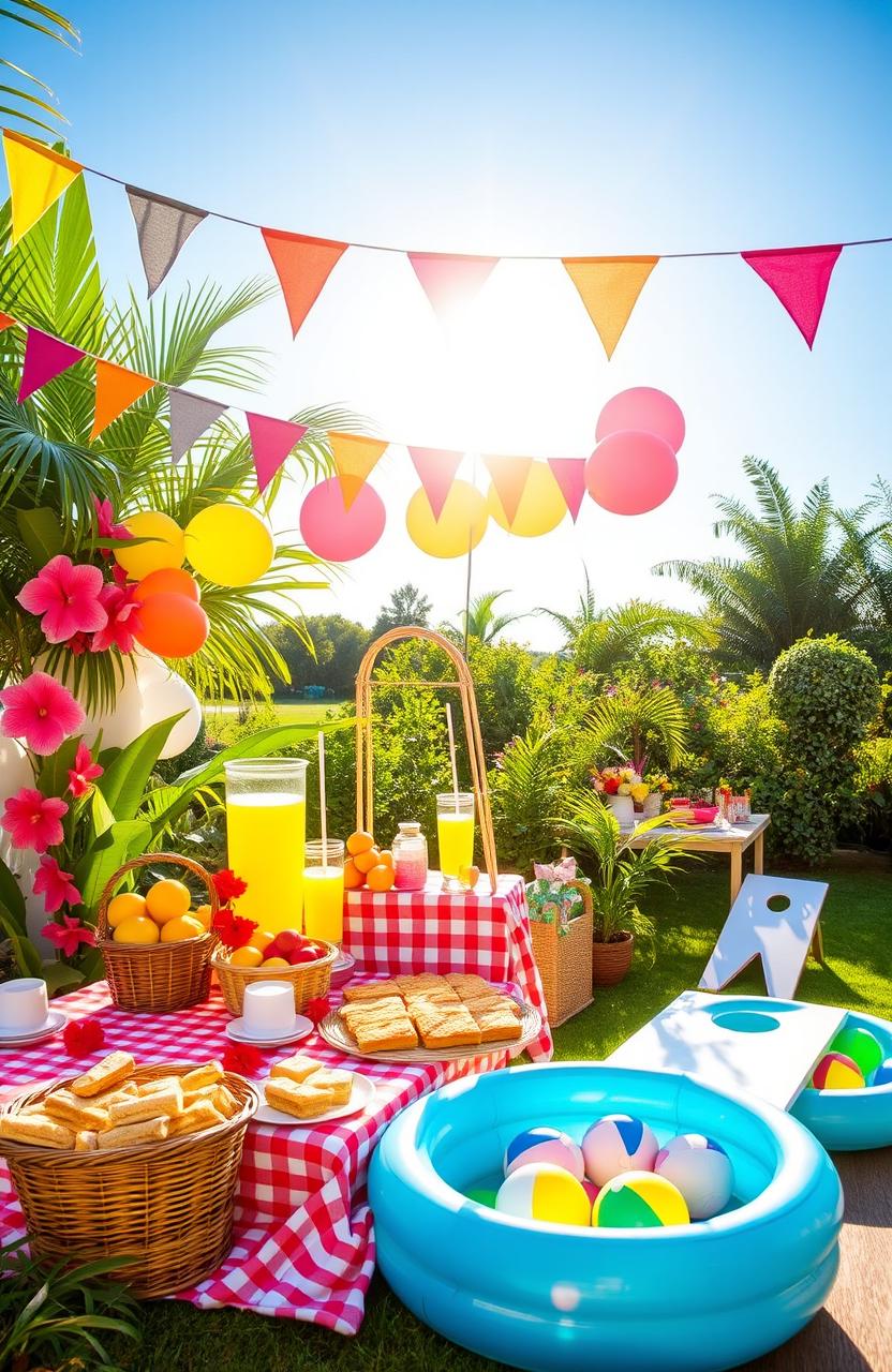 A vibrant summertime party scene, featuring colorful decorations like bright bunting and balloons, lively tropical plants such as palm trees and hibiscus flowers, a picnic area with a checkered tablecloth, inviting picnic baskets filled with summer fruits, a refreshing lemonade stand under the sun, and an array of delightful party foods like finger sandwiches and cupcakes