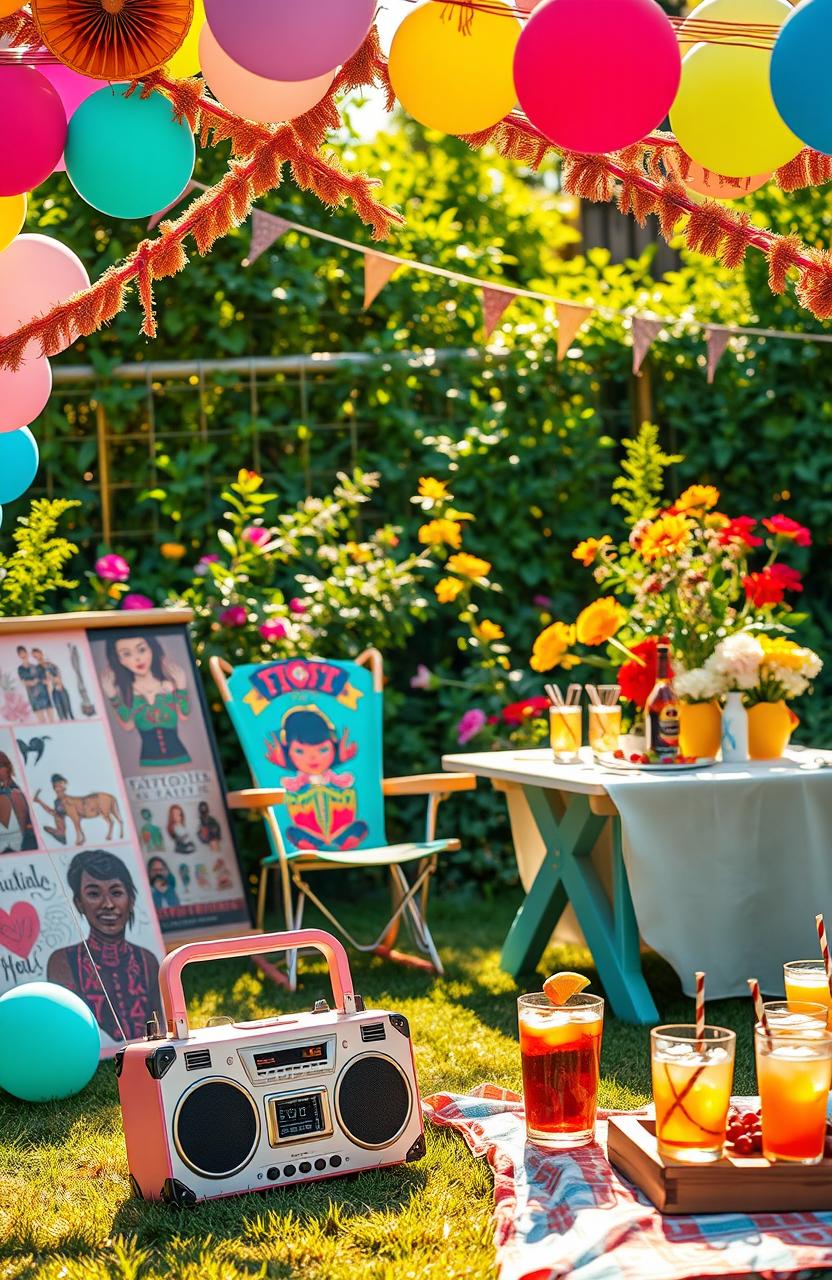A vibrant summertime party scene featuring colorful decorations like balloons and garlands, with a couple of stylish boom boxes placed on the ground radiating music