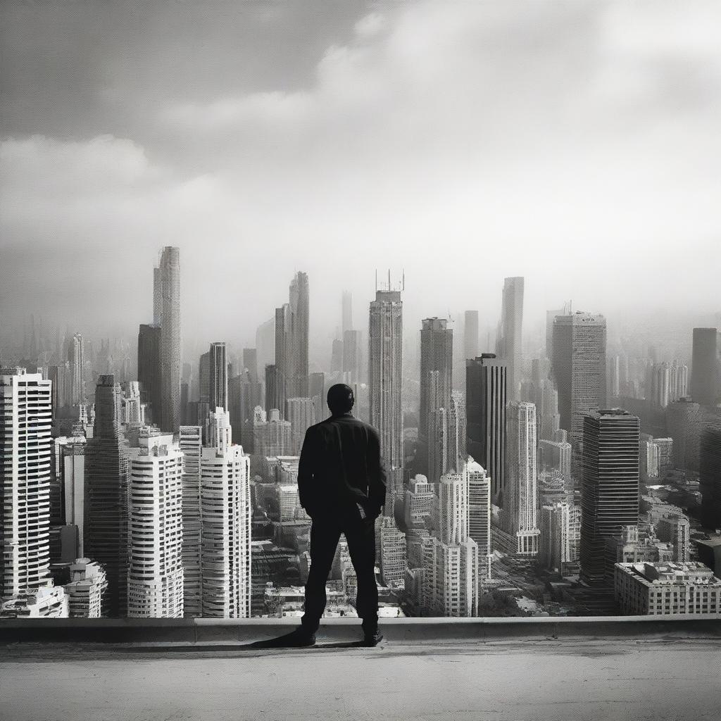 A man standing on the rooftop of a high-rise building, gazing towards the horizon filled with an expanse of towering structures.