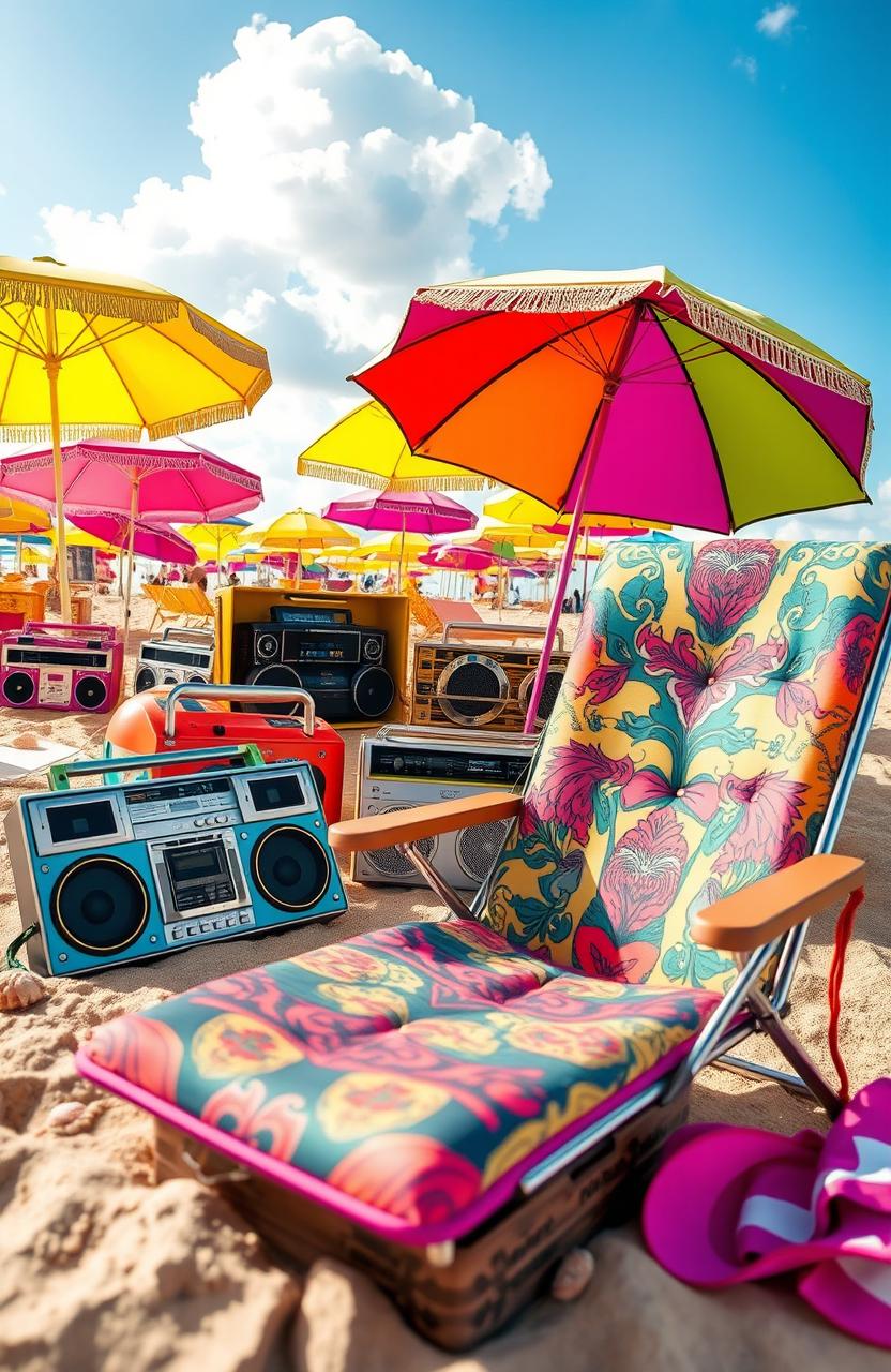 A vibrant summertime scene featuring a colorful selection of boomboxes scattered on a sandy beach with bright umbrellas in the background