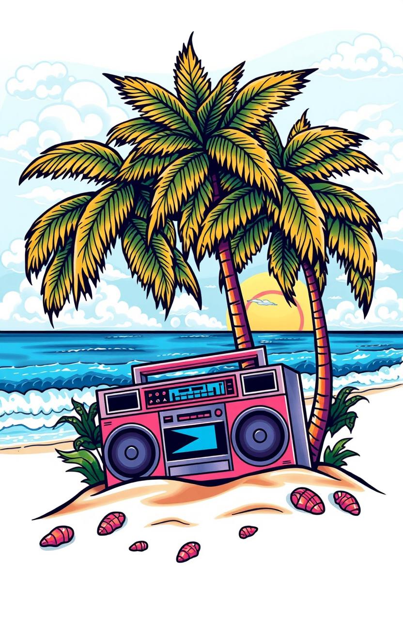 A vibrant and colorful tattoo design featuring a summertime beach scene