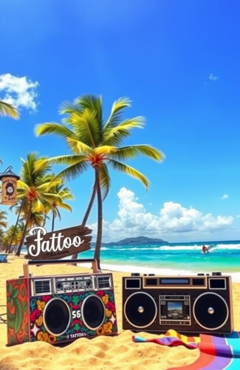 A vibrant summertime beach scene featuring golden sand, crystal blue waves gently lapping at the shore, and tall, green palm trees swaying in the breeze