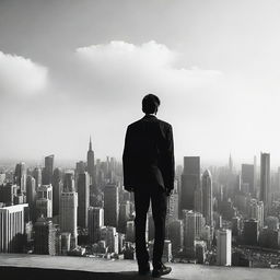 A man standing on the rooftop of a high-rise building, gazing towards the horizon filled with an expanse of towering structures. Image in 16:9 aspect ratio.