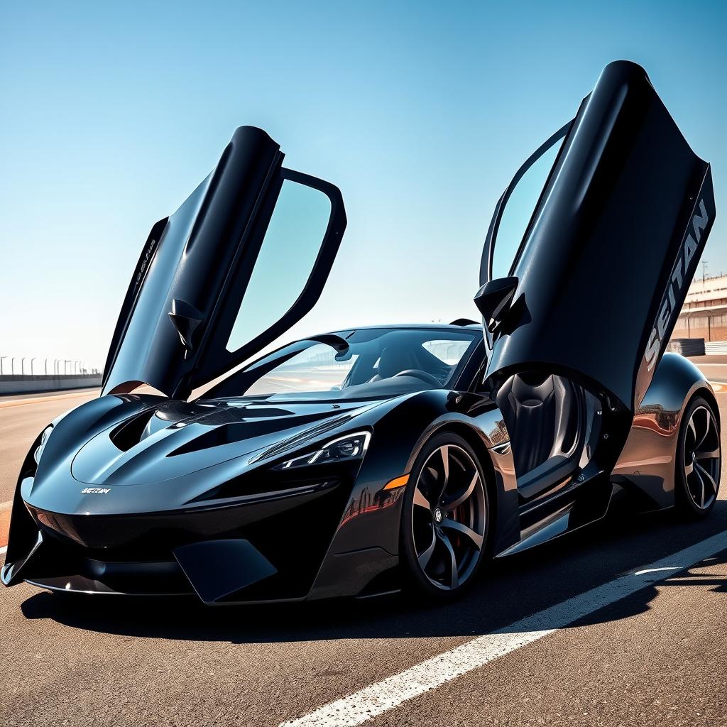 A full-size image of a striking two-seater supercar with upward-opening doors, embodying a futuristic and aggressive design