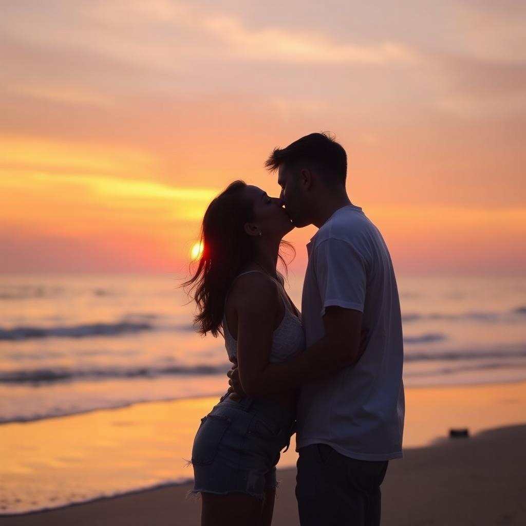 A romantic scene capturing two people passionately kissing under a beautiful sunset, their silhouettes outlined against the warm hues of orange, pink, and purple sky