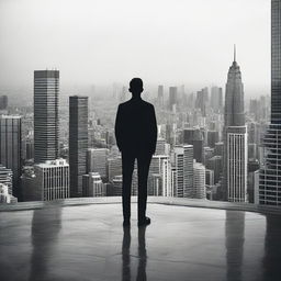 A man standing on the rooftop of a high-rise building, gazing towards the horizon filled with an expanse of towering structures. Image in 16:9 aspect ratio.