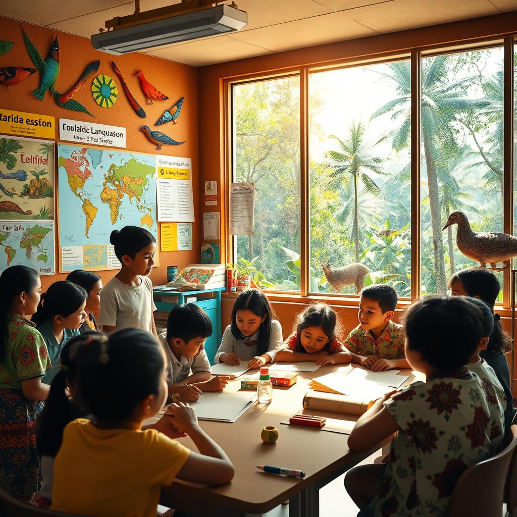 A vibrant scene depicting an Amazonian educational environment focusing on the construction of linguistic identities