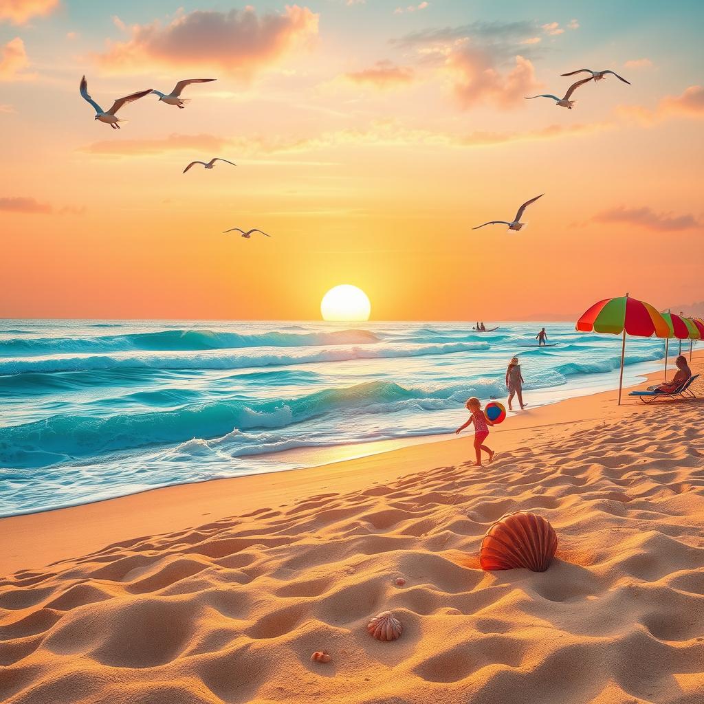 A beautiful and aesthetic beach scene perfect for a phone cover, featuring golden sands, turquoise waves gently lapping at the shore, colorful beach umbrellas, seashells scattered across the sand, and a picturesque sunset in hues of orange and pink