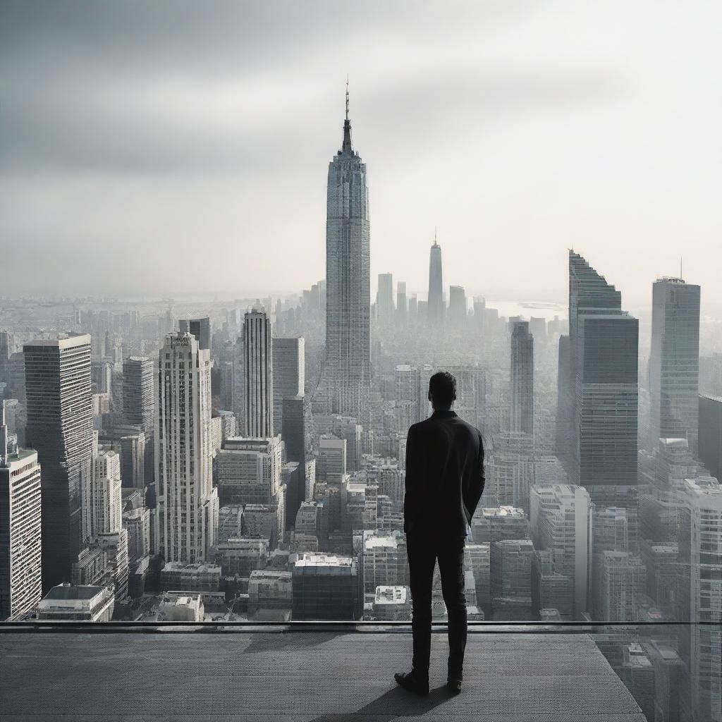 A man standing on the rooftop of a high-rise building, gazing towards the horizon filled with an expanse of towering structures. Image in 16:9 aspect ratio.