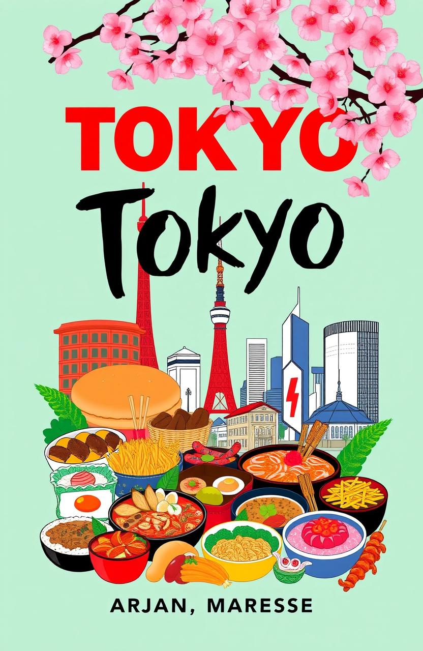 A captivating nonfiction book cover design focused on the diverse and vibrant food scene of Tokyo, Japan
