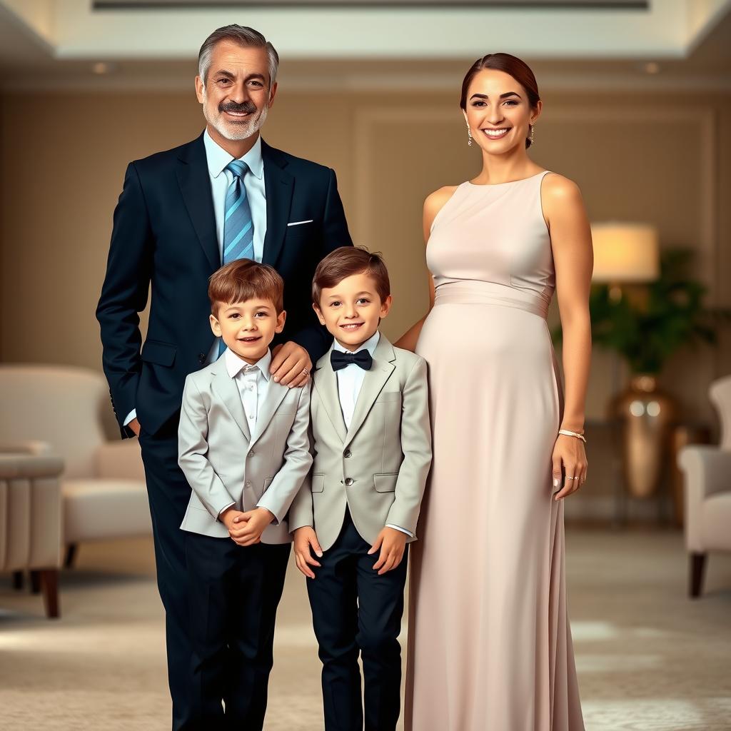 A formal family portrait featuring a happy family of four