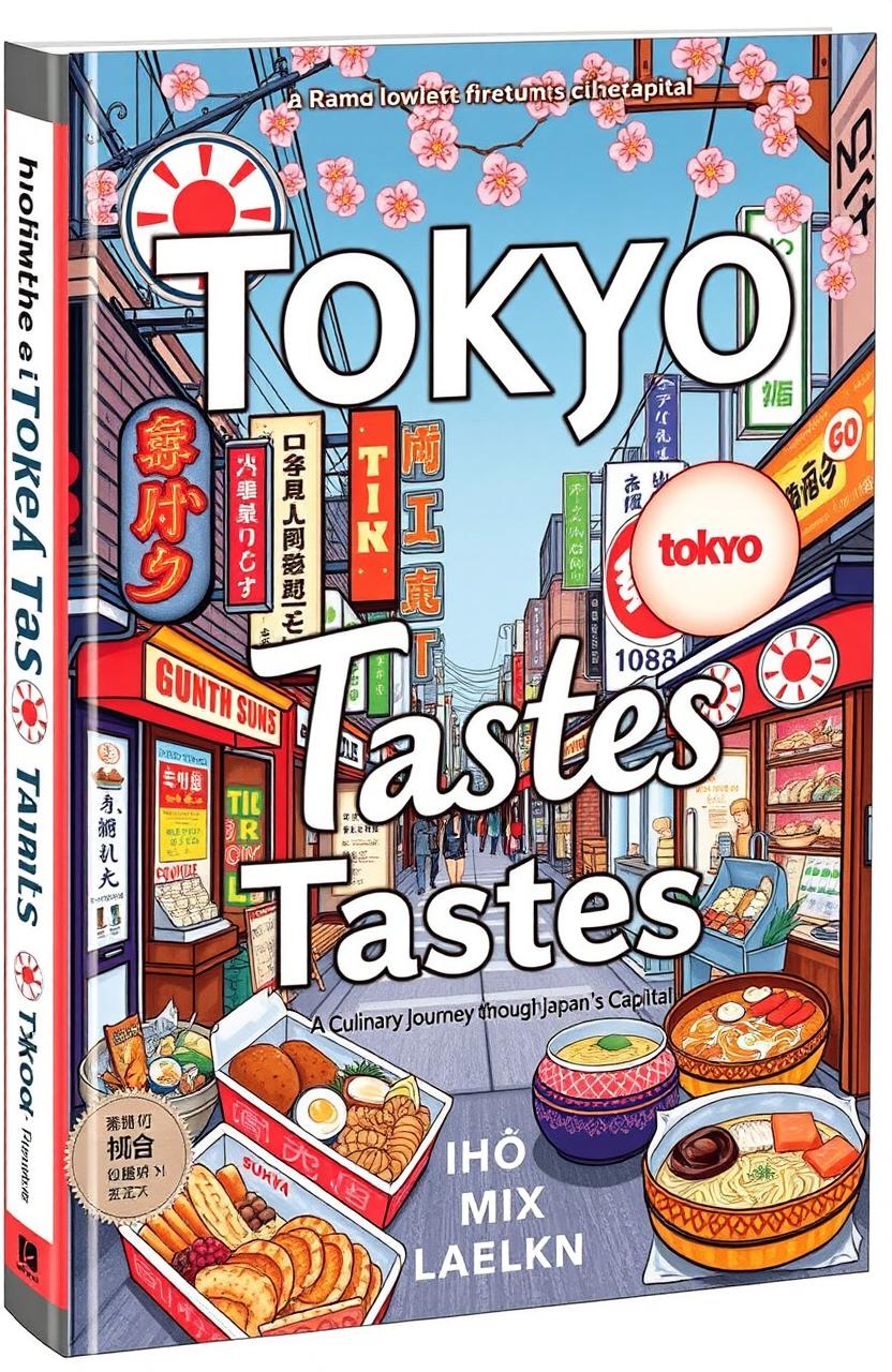 A beautifully illustrated nonfiction book cover about Tokyo food, featuring iconic Japanese dishes like sushi, ramen, and tempura, with vibrant colors and intricate designs