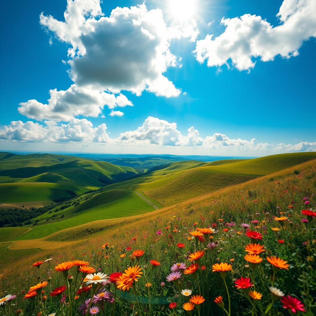 A vivid and striking image of a beautiful landscape featuring rolling hills under a bright blue sky with fluffy white clouds