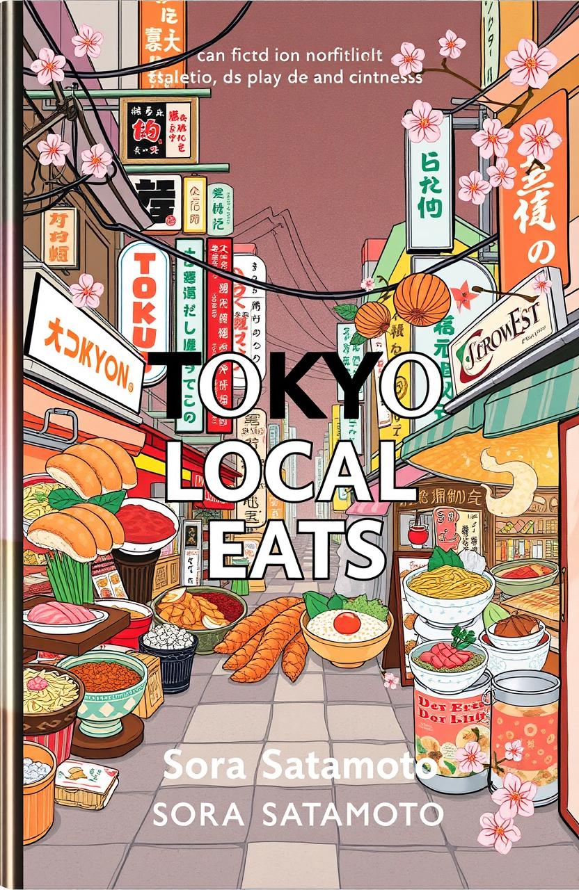 A beautifully illustrated nonfiction book cover for 'Tokyo Local Eats' by Sora Satamoto, showcasing the essence of Tokyo's vibrant food scene