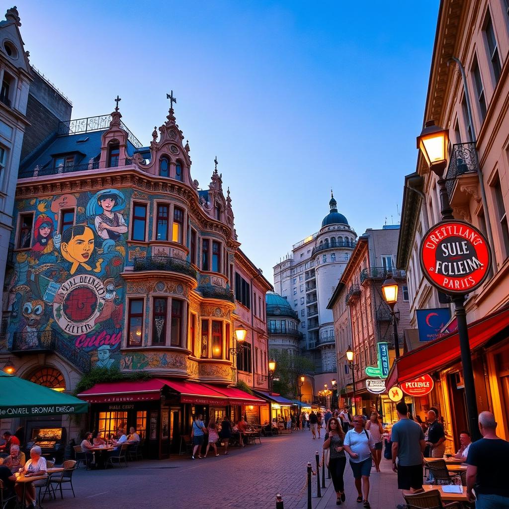 A stunningly detailed image of a vibrant urban street scene during twilight