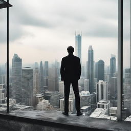 A man standing on the rooftop of a high-rise building, gazing towards the horizon filled with an expanse of towering structures. Image in 16:9 aspect ratio.