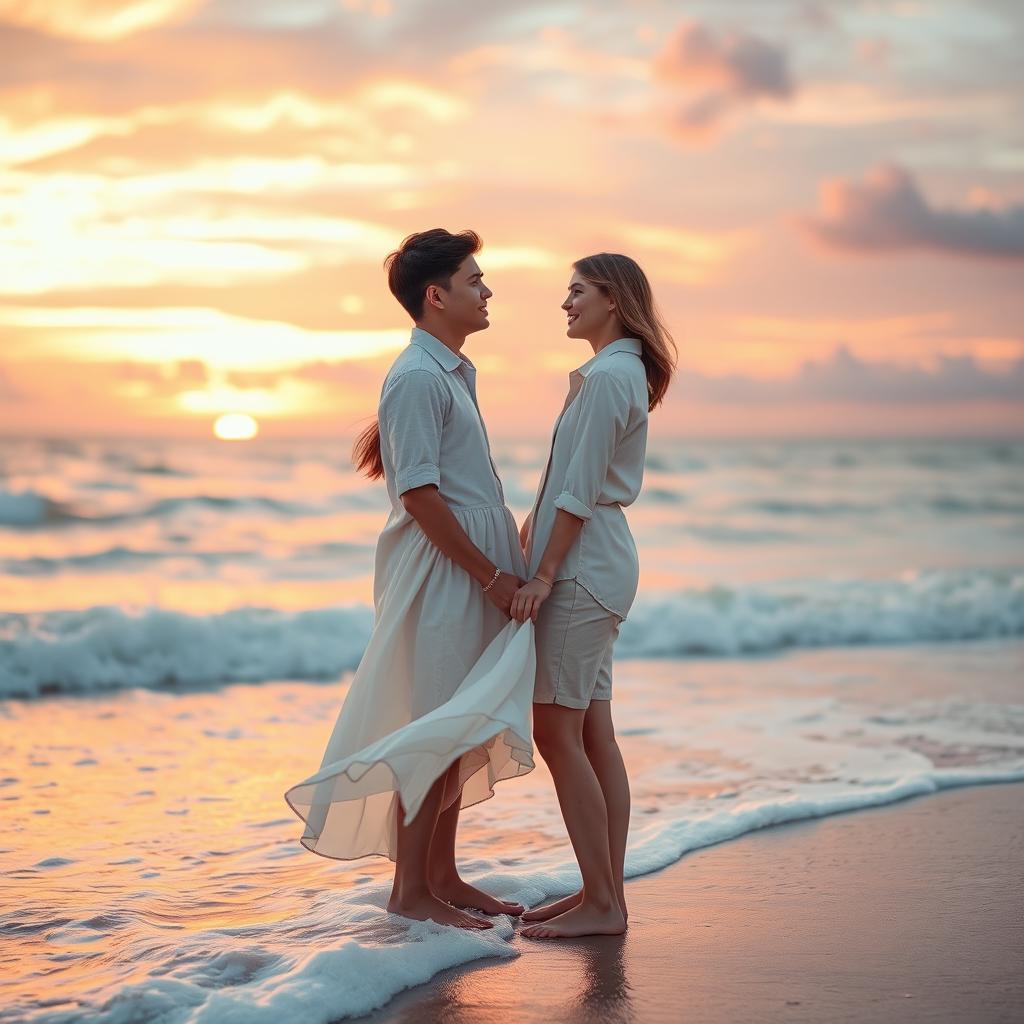 A romantic scene featuring a beautiful young couple standing close together on a picturesque beach at sunset