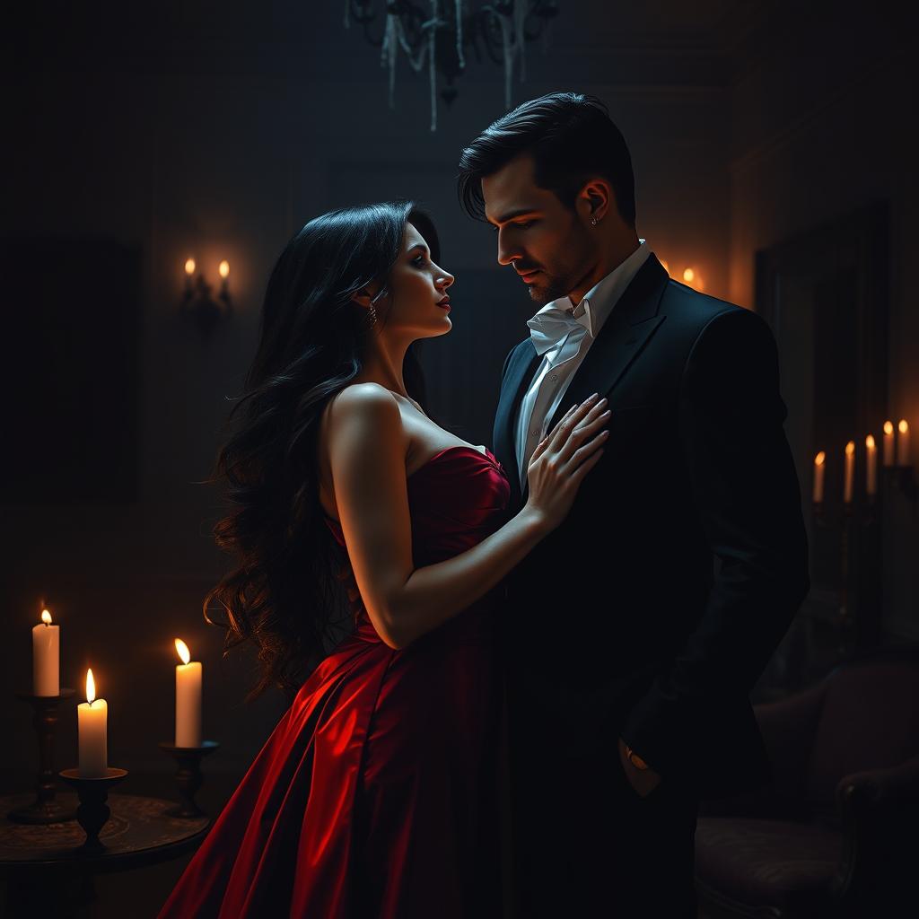 A dark romance scene featuring a mysterious couple in an abandoned, dimly lit mansion