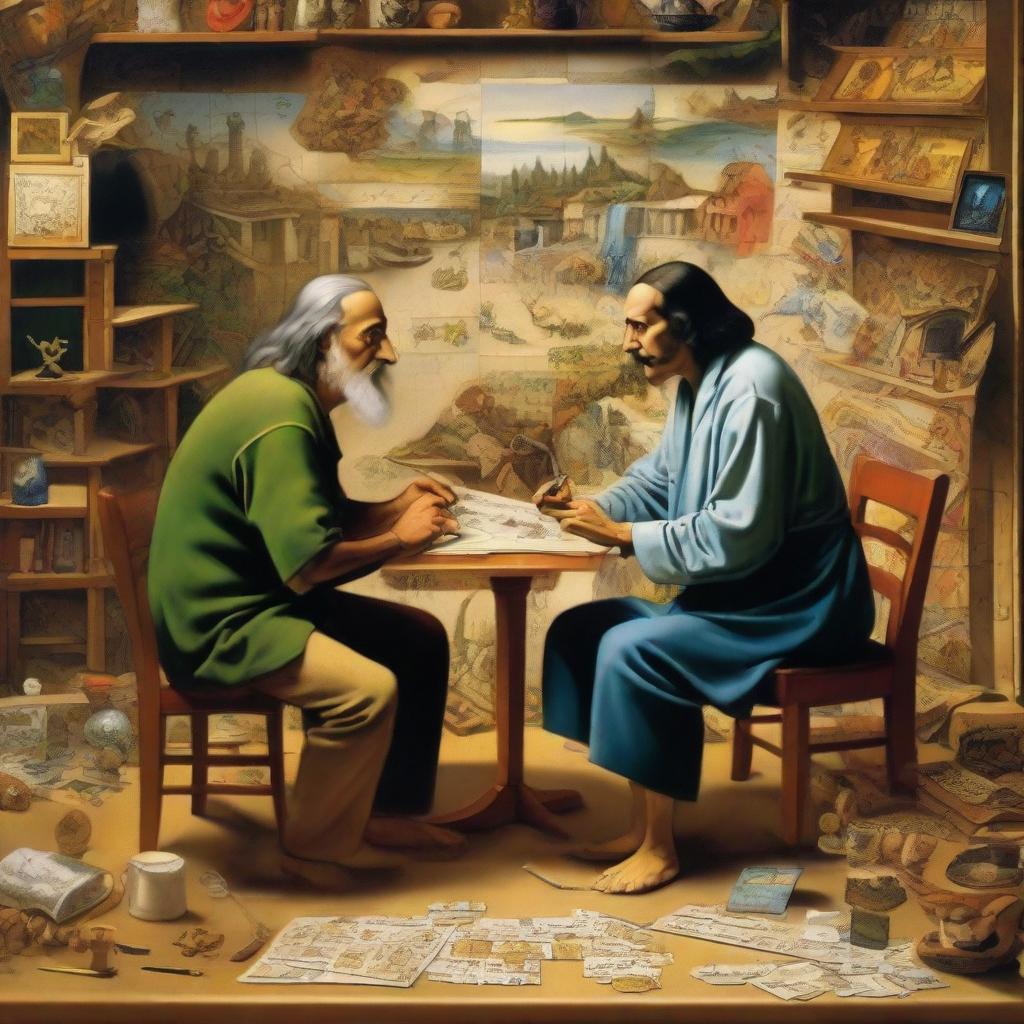 In an imagined art studio, painted masters Leonardo da Vinci and Salvador Dalí are concentrated on putting together pieces of a complex jigsaw puzzle.