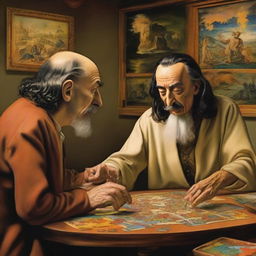 In an imagined art studio, painted masters Leonardo da Vinci and Salvador Dalí are concentrated on putting together pieces of a complex jigsaw puzzle.