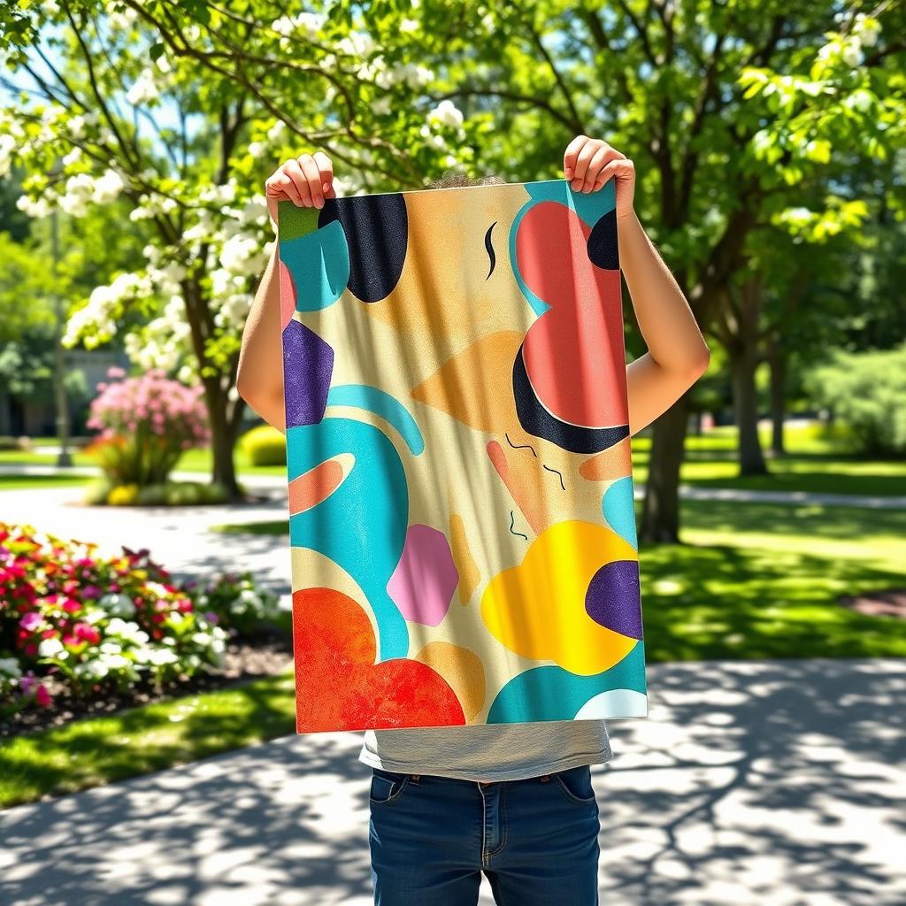 A person standing in a vibrant park, holding a colorful panel upside down