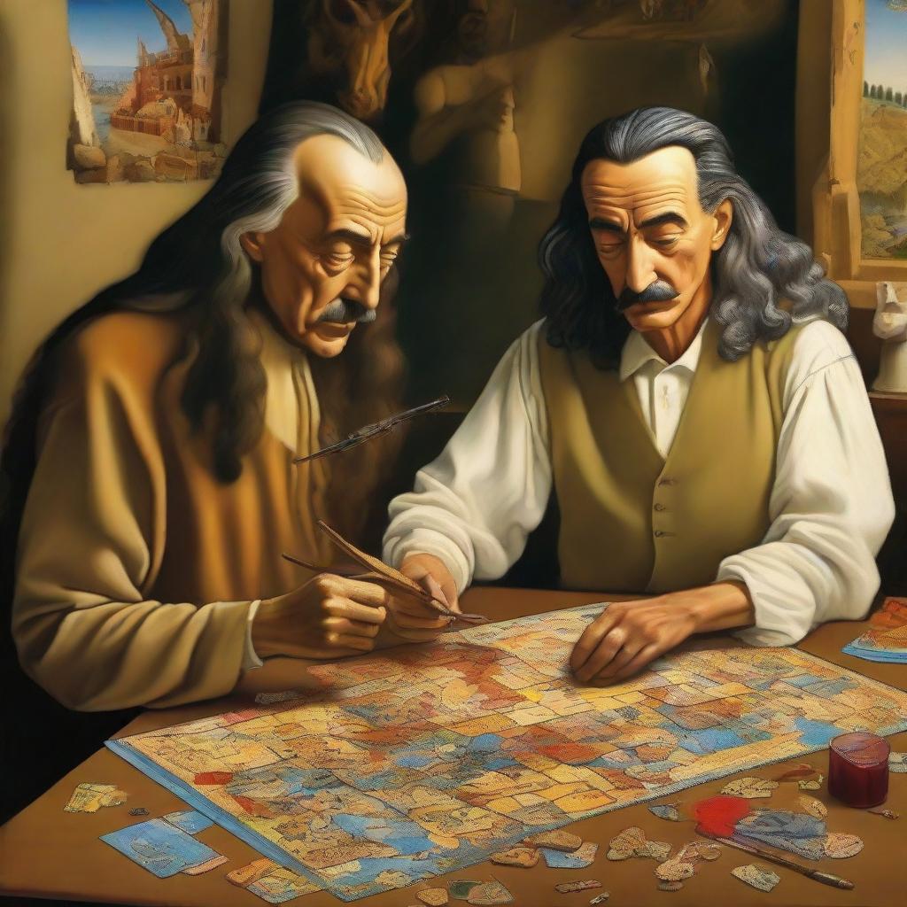 In an imagined art studio, painted masters Leonardo da Vinci and Salvador Dalí are concentrated on putting together pieces of a complex jigsaw puzzle.