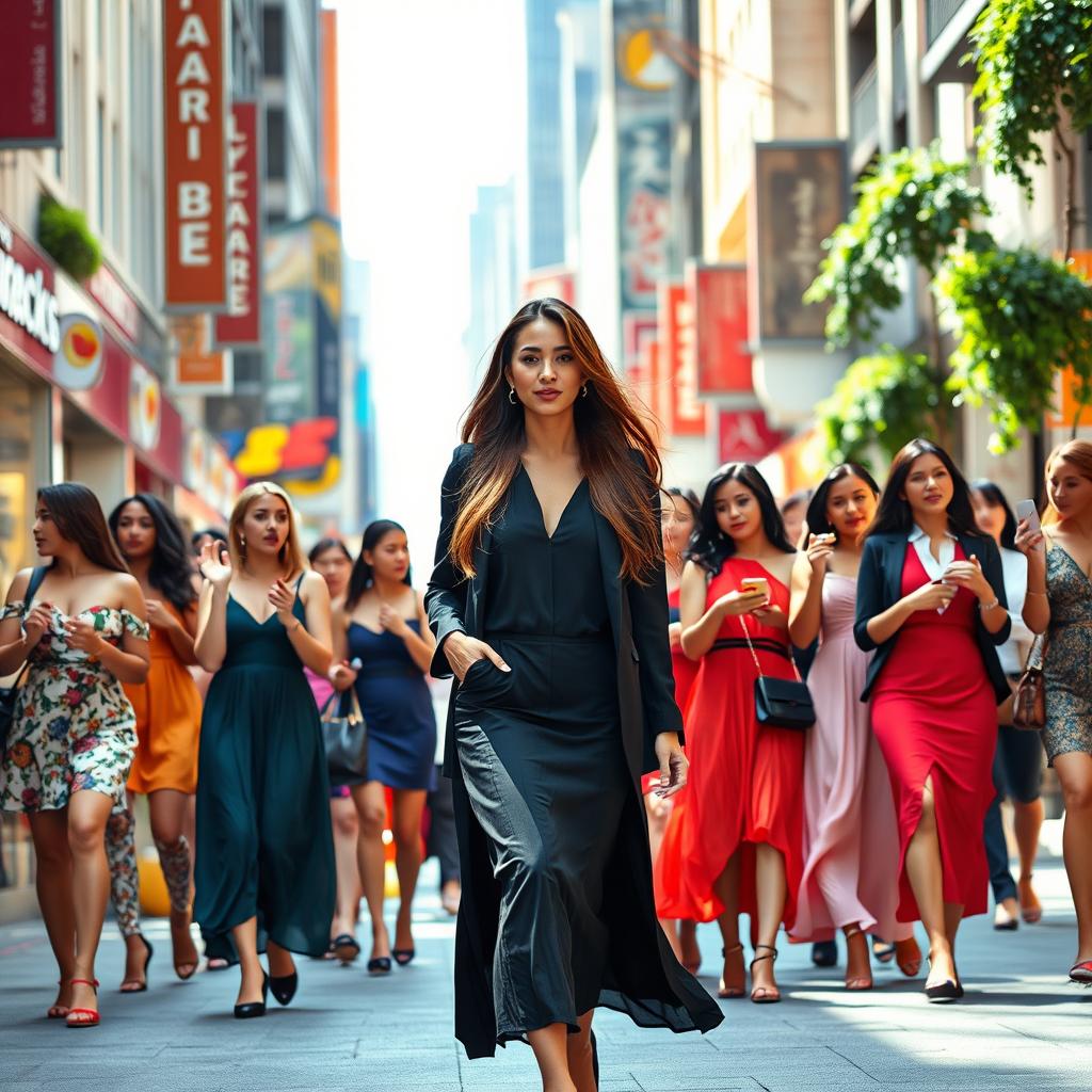 A vibrant, bustling urban street scene featuring a central female figure, stylishly dressed with long flowing hair, confidently walking down the street
