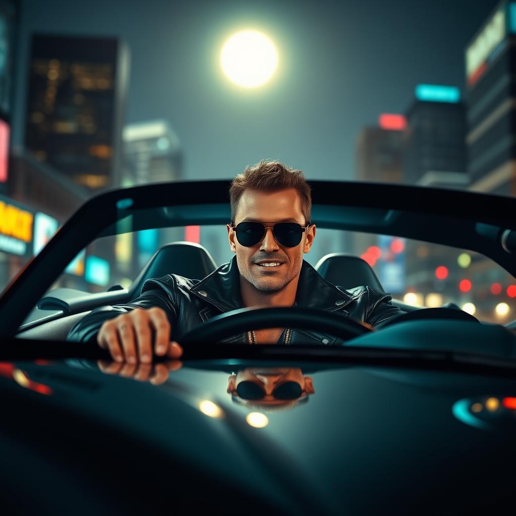A young villain driving a sleek sports car at night, surrounded by neon lights reflecting off the car's shiny surface