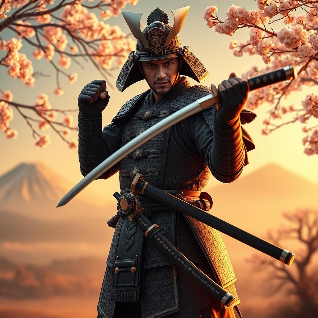 A highly detailed and dynamic scene featuring a skilled samurai character, wearing traditional armor that intricately blends modern and classic styles