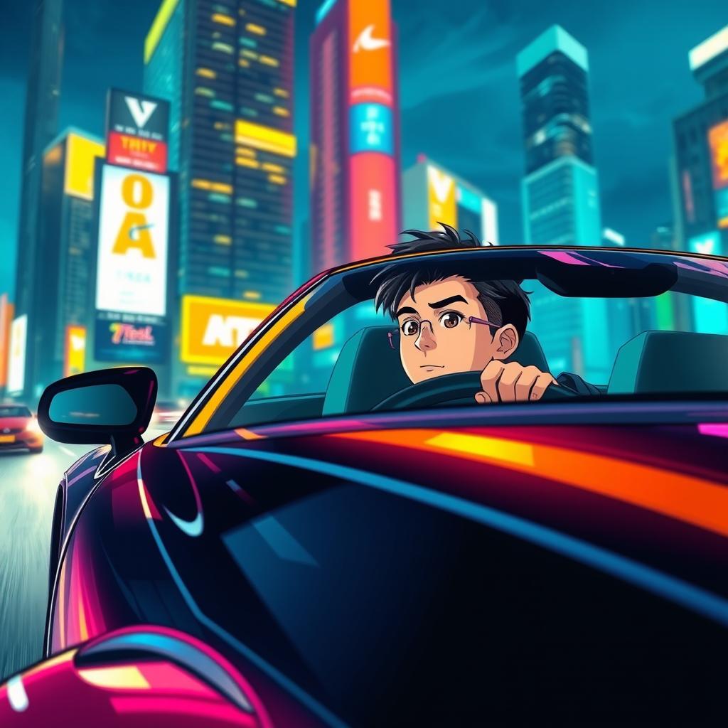 A young man driving a sleek, modern car at night, surrounded by vibrant neon city lights reflecting off the car's surface