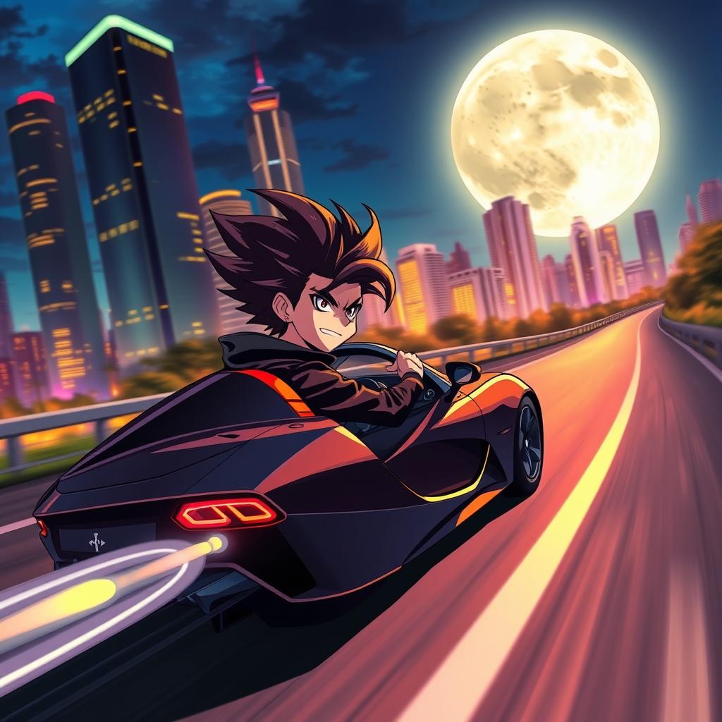 A young villain driving a car at night in a dynamic anime style