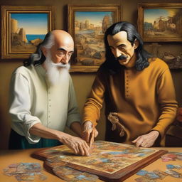 In an imagined art studio, painted masters Leonardo da Vinci and Salvador Dalí are concentrated on putting together pieces of a complex jigsaw puzzle.