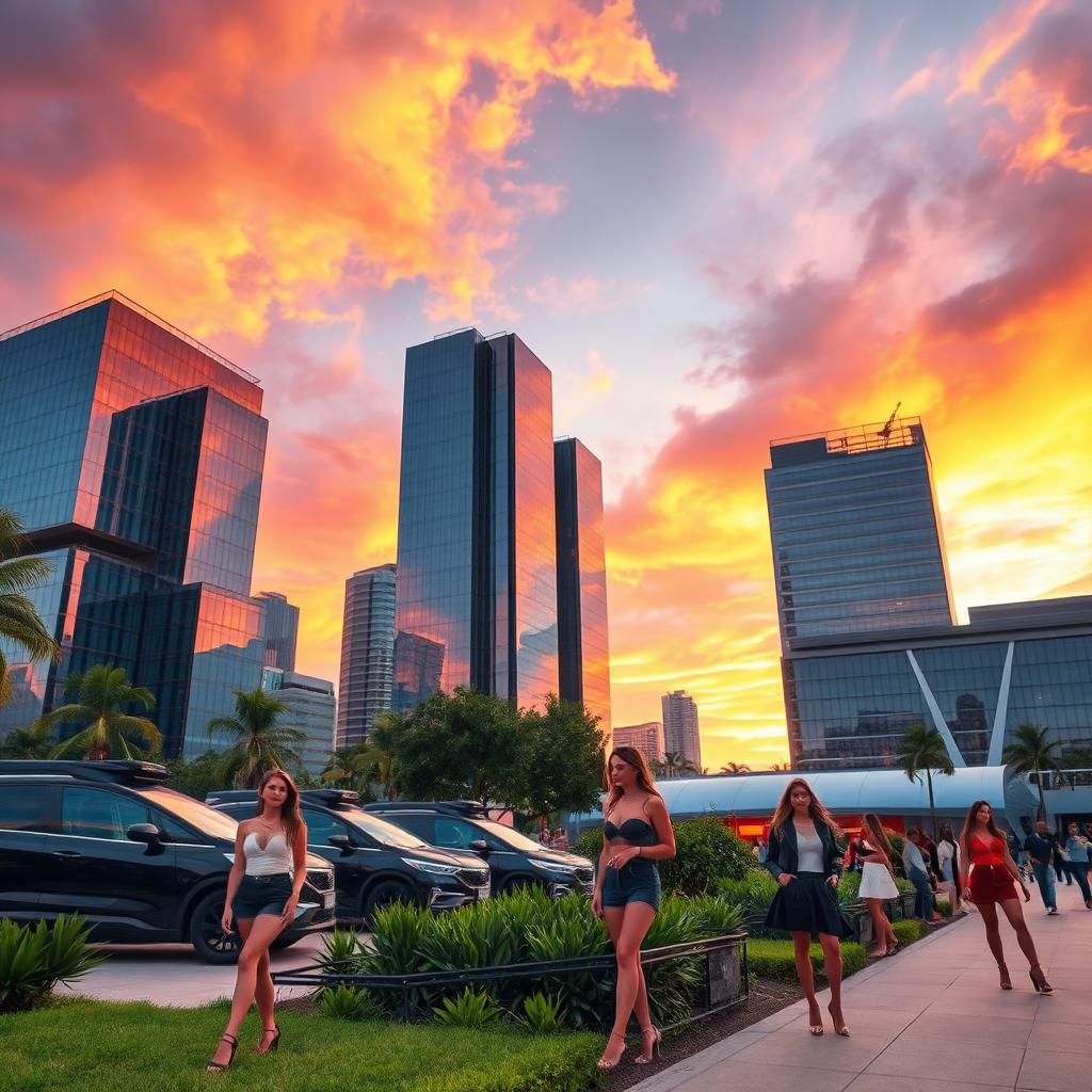 A stylish outdoor scene with vibrant colors, featuring a modern urban landscape during sunset