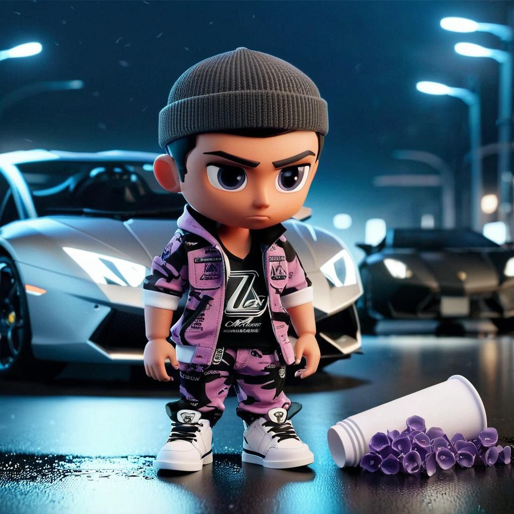 Crear Una Imagen Tipo Estudio Urbano, Con Pareja Sentada En Un Carro Lamborghini En La Parte De Adelante Y Tenga De Fondo La Noche Oscura Y Un Poco Nublado El Chico Tendra Prendas De Oros y Ropa De Marca Y LA Chica Carterita De Mano Y Vestido Corto  Con Tacones Y A Un Lado o En El Piso Se Estara Derramando Un Jarabe Morado