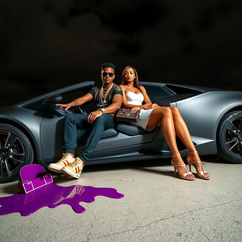 A stylish urban scene featuring a young couple sitting in a Lamborghini